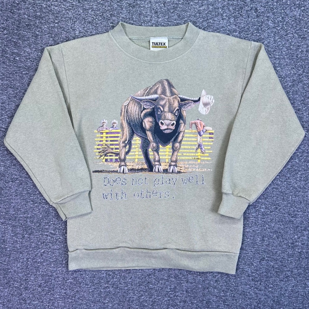 Tultex Sweatshirt Kids‎ M (10/12) Green Rodeo Bull Western Casual Fleece Cowboy